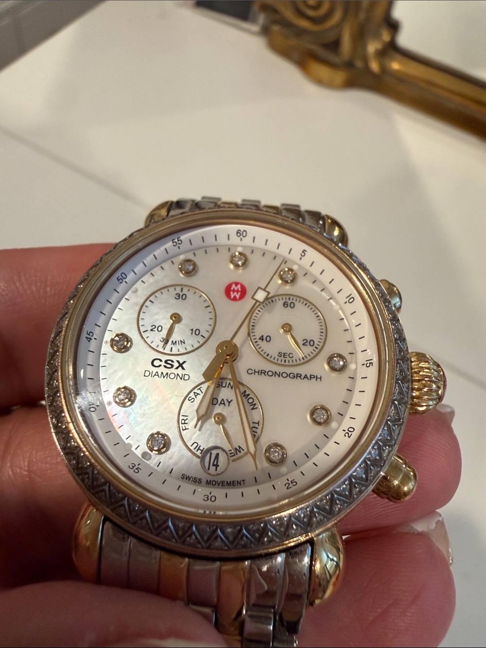 Michele watch Two-Tone Ladies Chronograph Watch - White Dial with diamonds - Picture 4 of 6